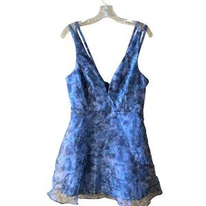 Lulus Floral Blue Chiffon Sleeveless Mini Dress With Deep V-Neckline Size L